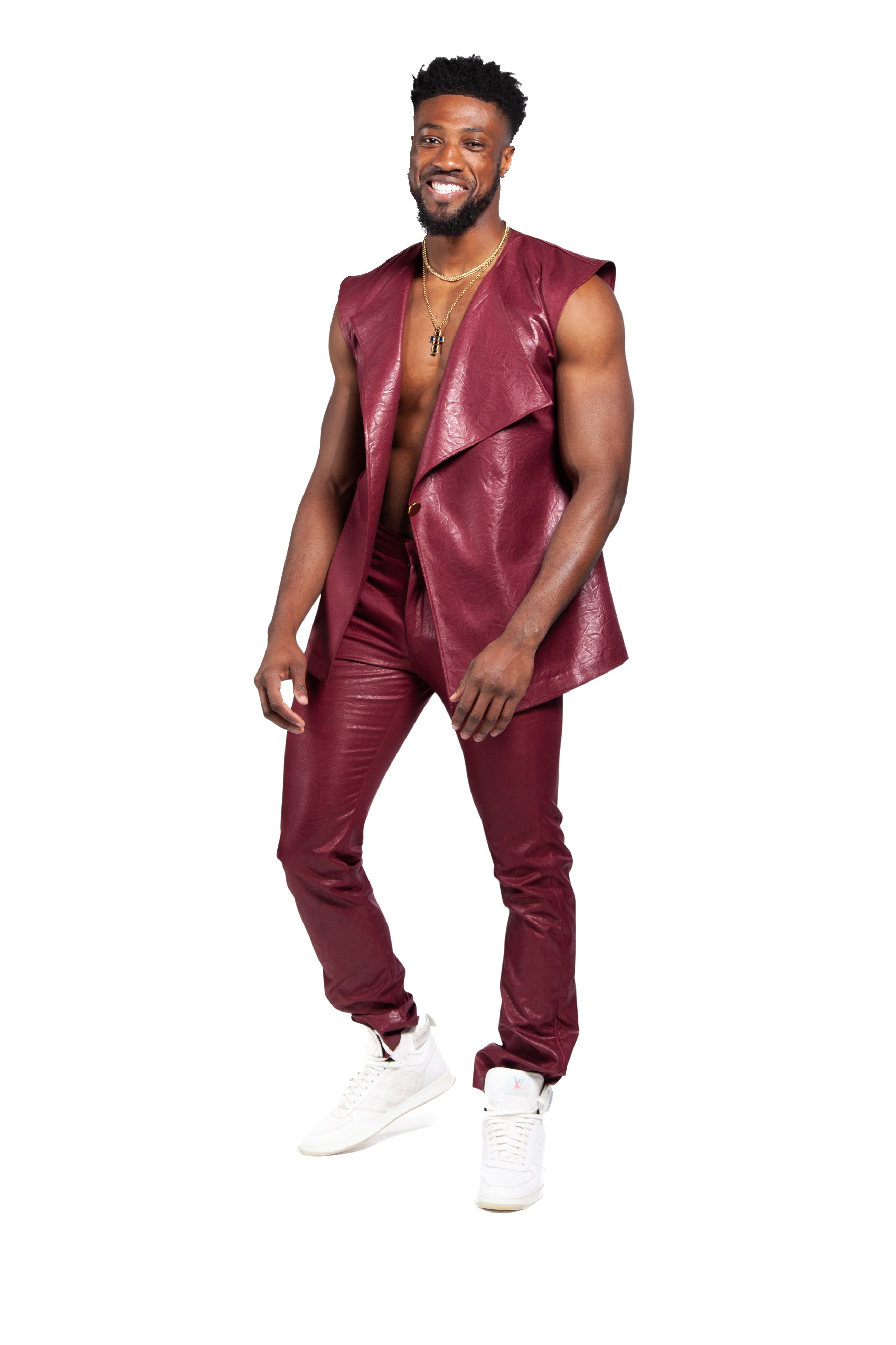 Vegan Leather Red Sleeveless Suit