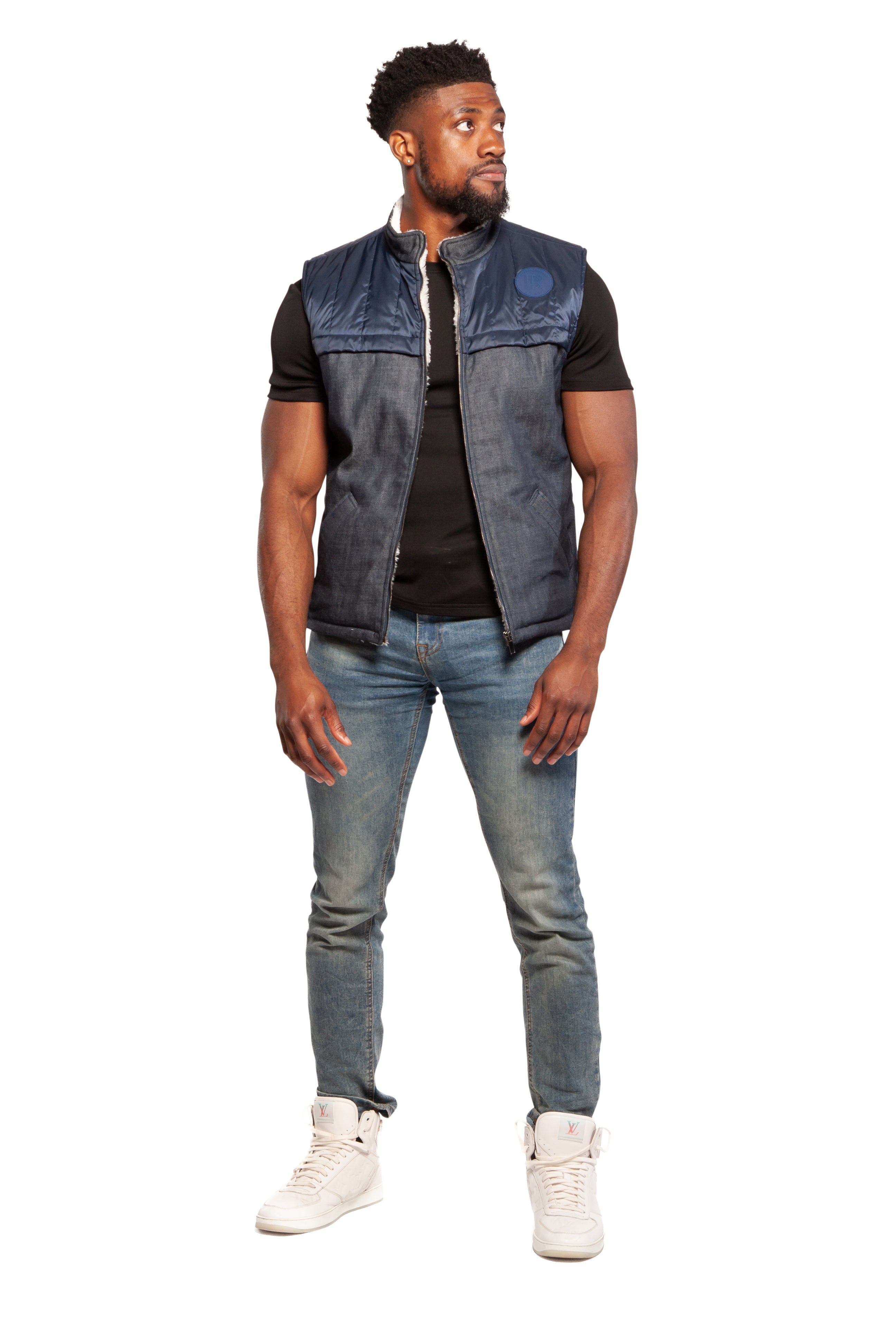 DIFFERENTREGARD Denim Down Vest With Fur