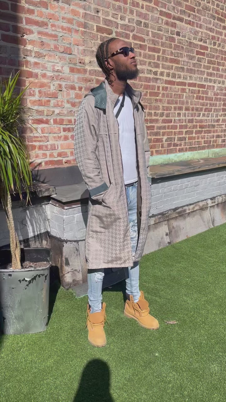 Beige Houndstooth Parka Raincoat